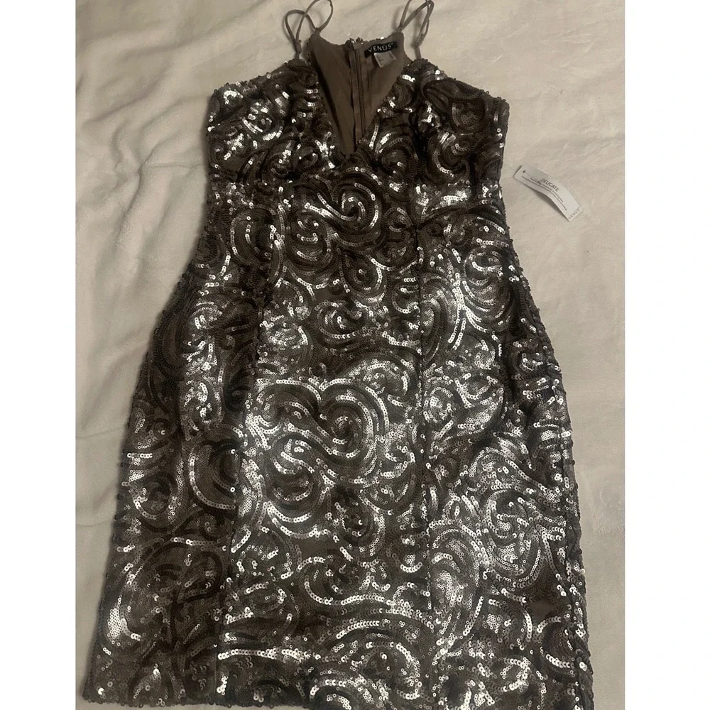 Venus Sequin Swirl Cocktail Dress Taupe Silver V-Neck Bodycon Women 14 Party - Picture 10 of 16